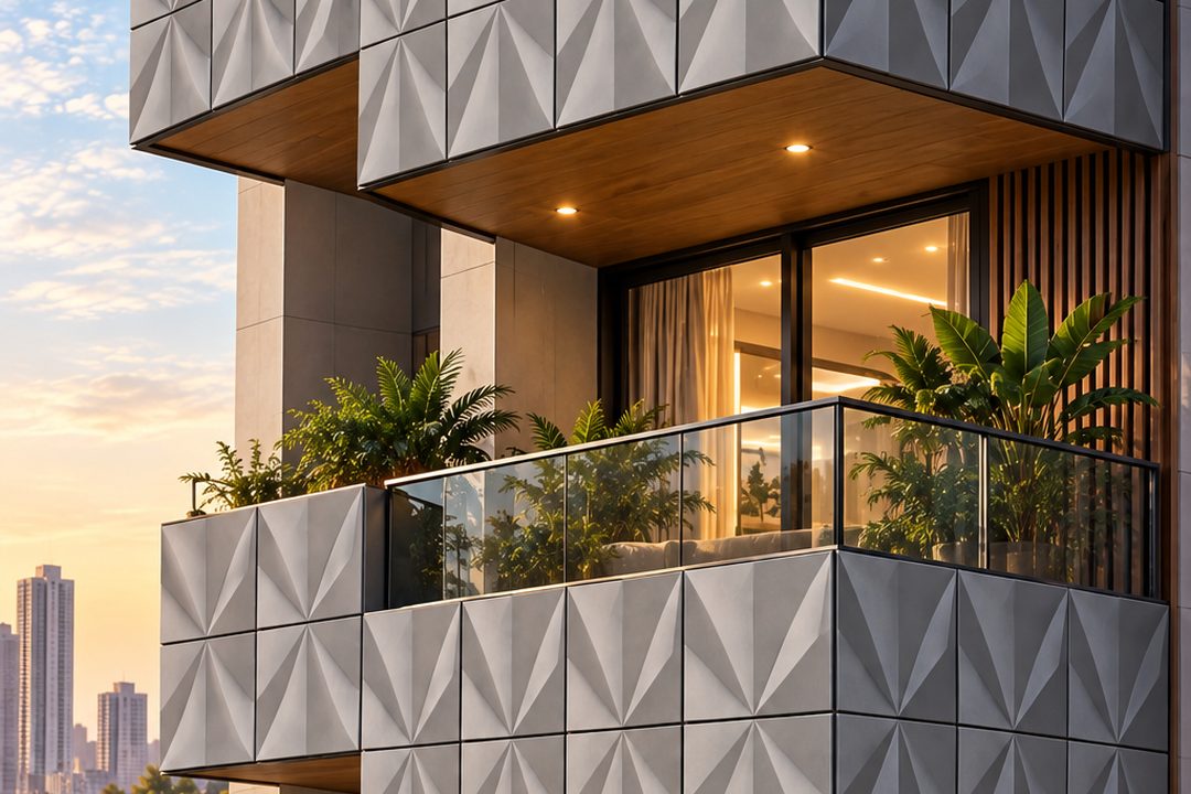 Stacked apartment balconies faced in light grey faceted 3D ACP panels with glass railings