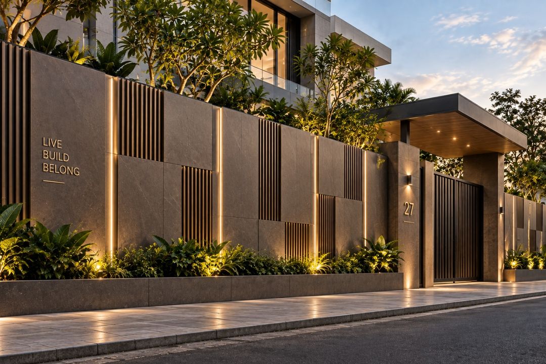 Compound wall in stone-effect ACP panels interleaved with vertical fins and warm strip lighting