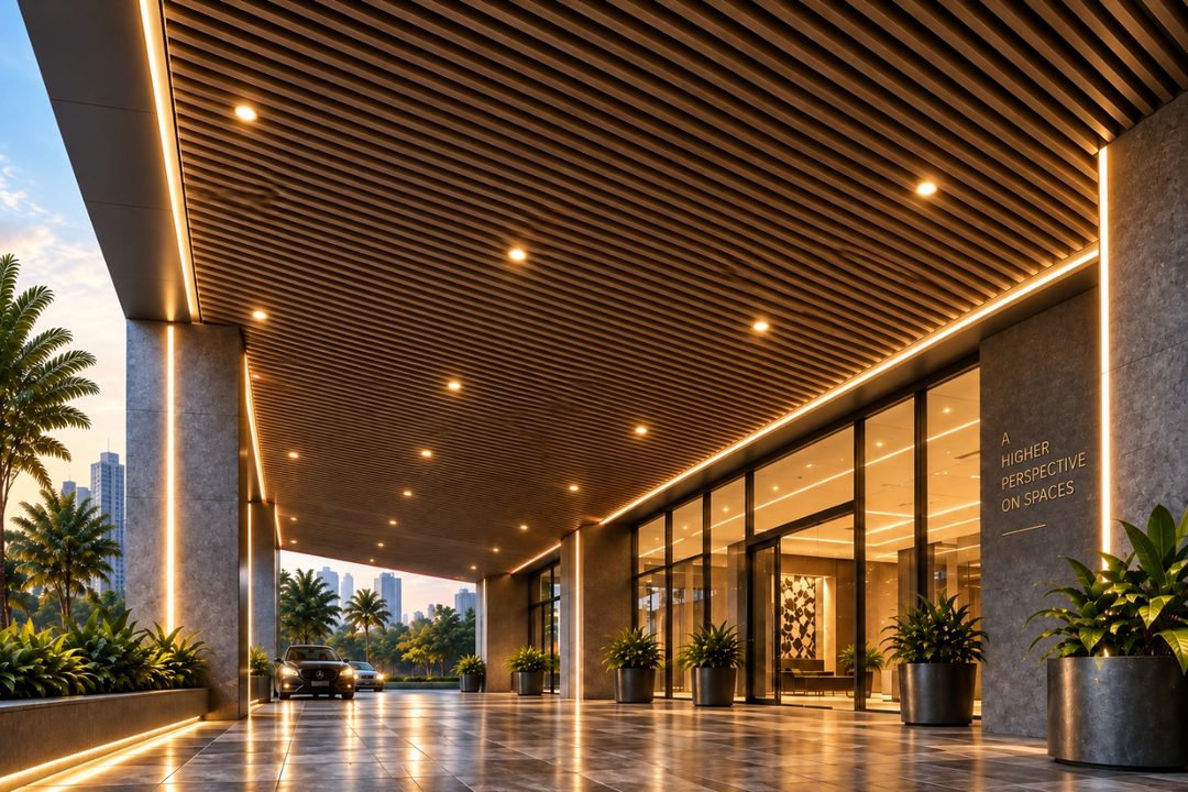 Covered entrance drop-off with a wood-finish slatted ACP ceiling, recessed downlights and lit cove edges