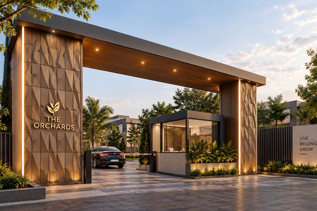 Gated residential entrance with piers clad in bronze faceted 3D ACP panels under a lit canopy