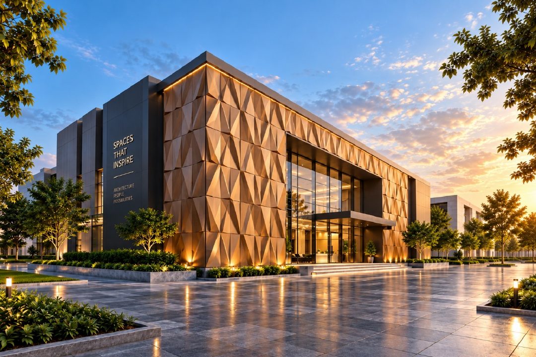 Office building faced in bronze faceted 3D ACP panels beside a dark feature wall, lit at sunset