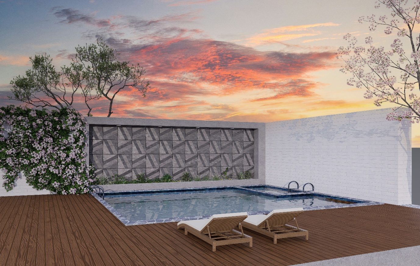 Poolside feature wall clad in grey 3D ACP shapes at sunset