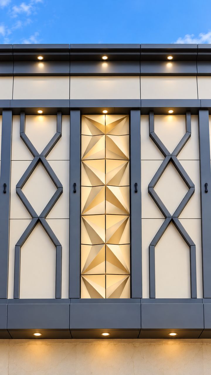 Shopfront fascia with gold faceted 3D ACP panels framed by charcoal lattice bands, lit from above