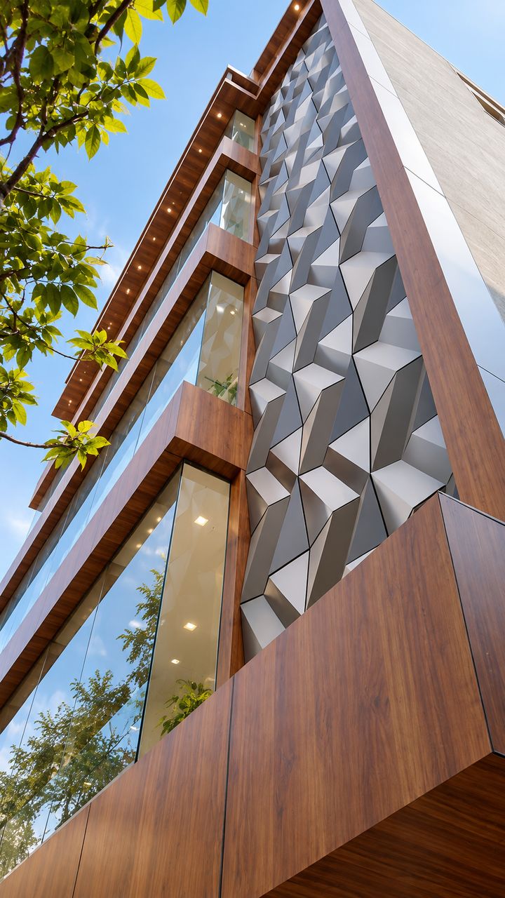 Corner of a multi-storey building with a column of silver faceted 3D ACP panels beside wood-finish cladding