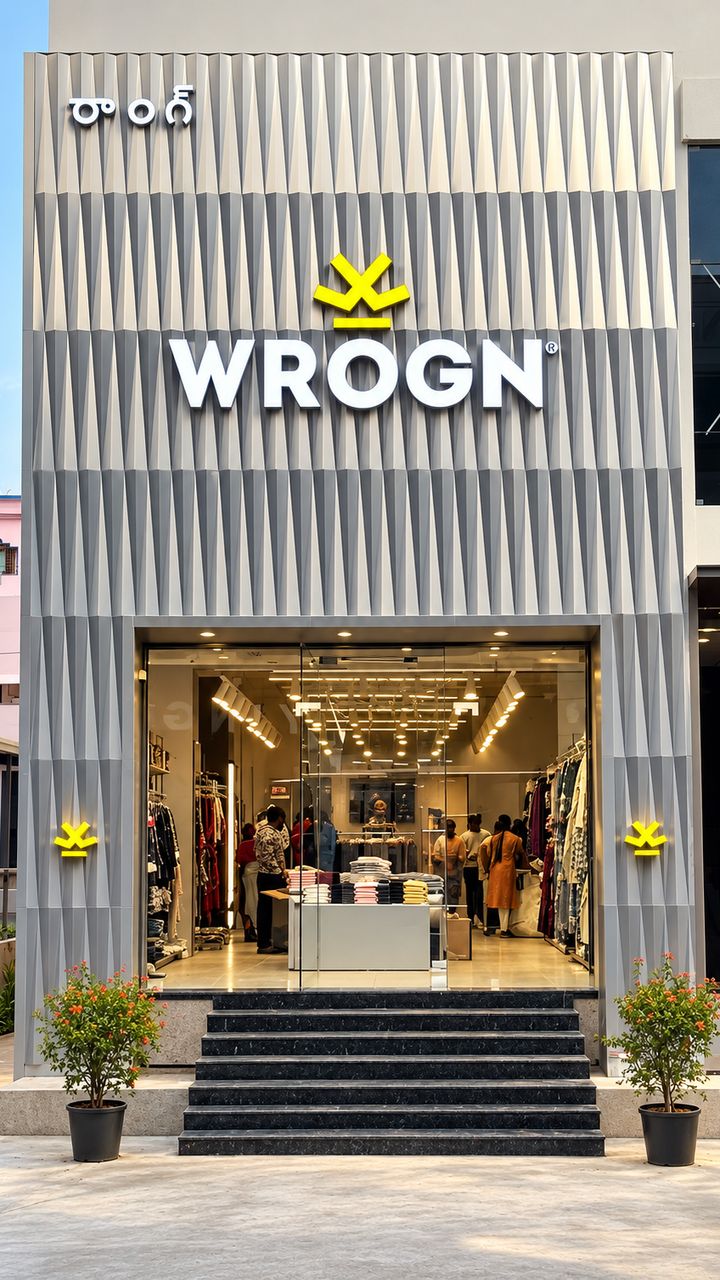 Fashion store entrance faced in vertical grey fluted ACP panels