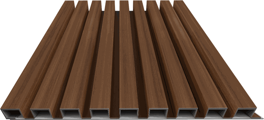 ACP louver panel in a dark wood-grain finish, seen from the front to show its row of hollow rectangular ribs