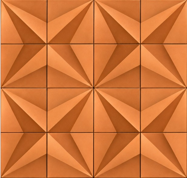 Copper-finish 3D ACP shape panels seen face-on, their folded triangular facets forming a repeating star pattern